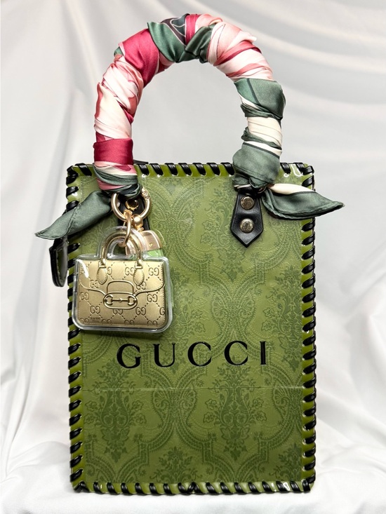Gucci Handbags - Upcycled Gucci Olive Green Tote with Pink-Green Scarf Handle and Gold Charm